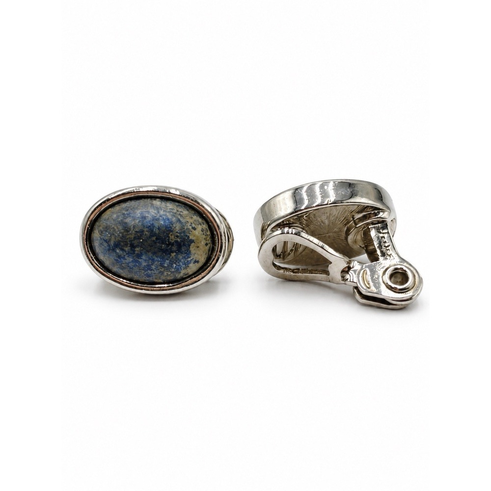 Vintage Blue Stone Oval Cabochon Clip On Earrings Silver Tone 1 Inch